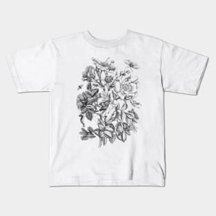 Rose Flower and Butterflies Black & White Vintage Illustration Kids T-Shirt